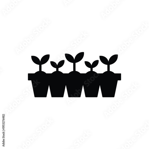 Simple black and white illustration of five potted seedlings in a row