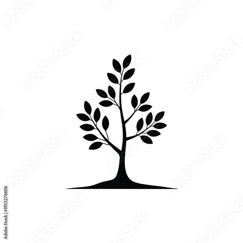 A simple black silhouette of a small leafy tree on a white background