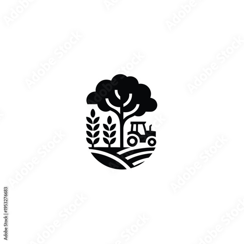 Simple black silhouette of a tree tractor and wheat field design