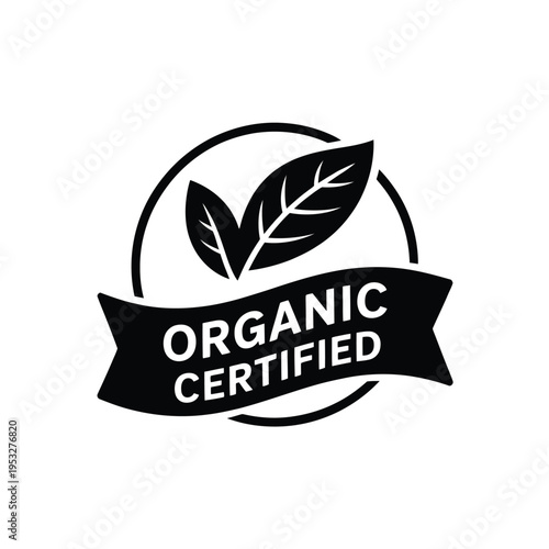 Black and white organic certified emblem with leaf and ribbon design