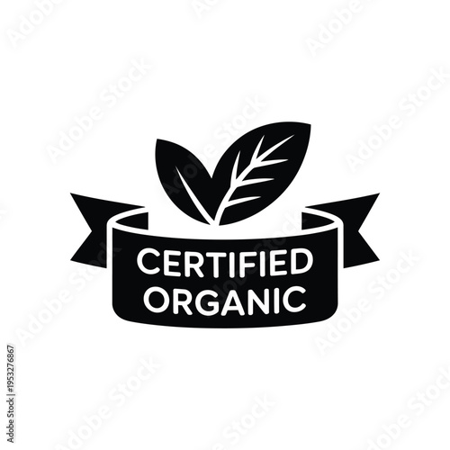 Black organic certification badge with a leaf and ribbon design