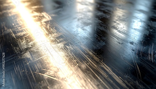 Metallic surface with deep scratches reflecting a bright light. The texture evokes a sense of wear and industrial aesthetic. Close-up view