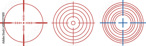 Crosshair target scope reticle set, sniper aim bullseye collection, tactical shooting focal point, military weapon sight vector illustration, hunting accuracy.