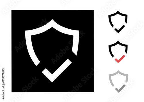 Shield icon with check mark symbol for security protection and verified safety assurance in flat minimalist line art style design