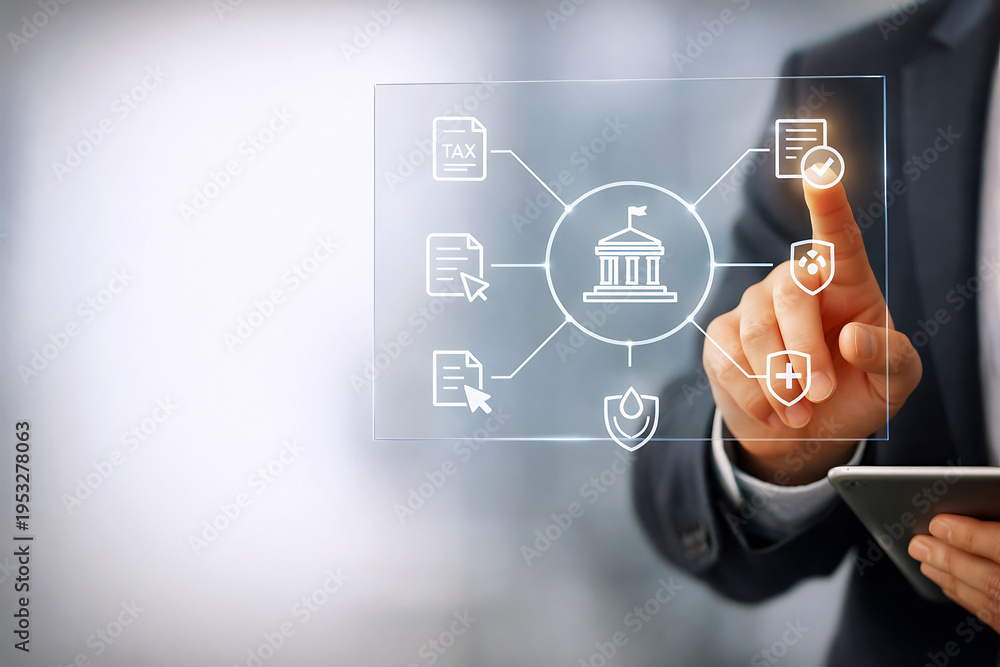 Fototapeta premium Businessman interacts with government services digital interface