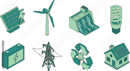 Green energy isometric set, solar panel wind turbine hydroelectric dam recycle icon battery power line and eco house vector illustration.