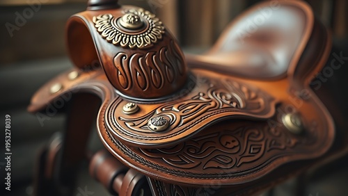 conchos. Extreme close-up of a Western saddle's cantle with intricate tooled leather patterns and brass conchos. wildlife magazines, conservation campaigns, designed for eco-tourism storytelling.