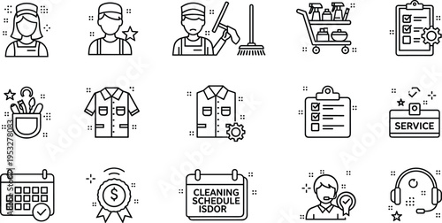 Cleaning service staff line icons set with uniform checklist schedule support tools janitor profession outline vector illustration collection