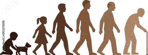 Silhouette of human life stages with pet companionship, growth from childhood to old age, aging process concept, lifespan development illustration
