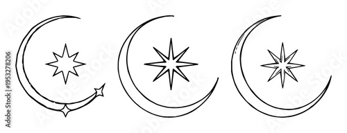 Islamic crescent and star set with golden crescent and white star over dark background featuring faith, symbolism, religious iconography with celestial and traditional design