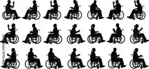 Wheelchair user silhouette set, disabled people male and female collection, handicapped person sitting in wheelchair, medical accessibility vector illustration.