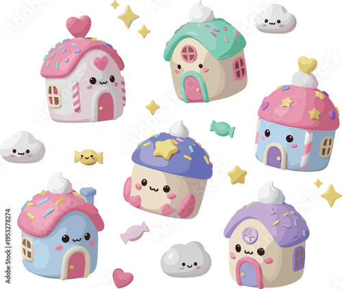 Cute candy houses set with pastel dessert cottages kawaii sweet homes cartoon fantasy vector illustration collection