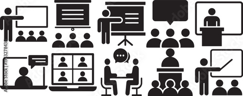 Black and white of people presenting and communicating