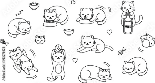 Cute cat daily routine doodle set with sleeping eating playing milk kawaii kitten outline vector illustration collection