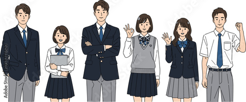 Diverse group of Japanese students in various school uniforms, portraying youth, academic life, and educational journeys with individual expressions and aspirations in a bright illustration