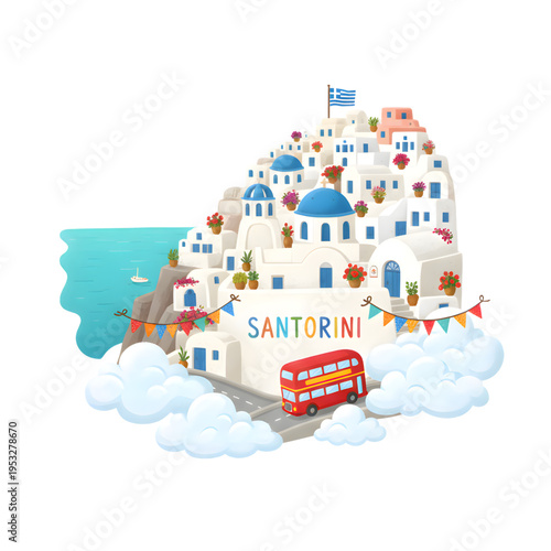 A whimsical cartoon vector illustration of a Santorini is an island in the southern Aegean Sea, belonging to Greece.