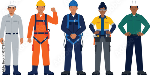 Illustrative group of industrial and construction workers in professional safety uniforms and protective gear, emphasizing workplace safety and diverse occupational roles