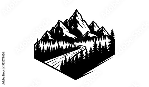 Jagged mountain landscape with flowing river and pine forest layered silhouette adventure badge vector