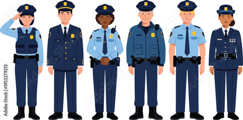 Collection of diverse police officers in uniform, representing community law enforcement and public safety professionals