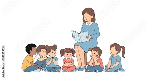 A friendly teacher sits on a stool reading a book to a diverse group of six attentive children seated on the floor in an educational setting.