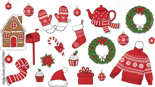 WebChristmas clip art set with gingerbread house, winter sweater, mittens, stockings, wreath, ornaments, santa hat, gift box, and festive holiday elements.