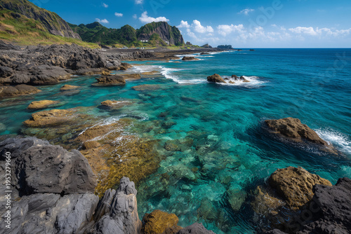Green Island Taiwan coastal landscape, crystal clear turquoise ocean, volcanic rock shoreline, dramatic sea cliffs, bright tropical sunlight, natural color grading, ultra realistic photography.