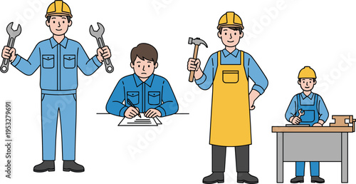 Professional construction worker character set featuring repairman, mechanic, engineer, and carpenter figures in blue uniform with hard hat flat vector illustration.