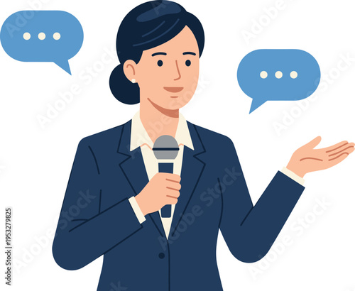Professional businesswoman delivering an insightful public speech or corporate presentation, holding a microphone with communication thought bubbles, ideal for webinars and corporate events