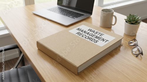 Compact Office Desk Scene with Waste Management Records Notebook Laptop Mug Plant