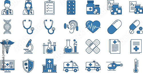 Set of Medical Healthcare Icons Including Doctor Nurse Stethoscope Ambulance Hospital Pharmacy Laboratory and First Aid Symbols Isolated   