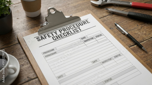 Safety Procedure Checklist on Clipboard with Pen and Tools