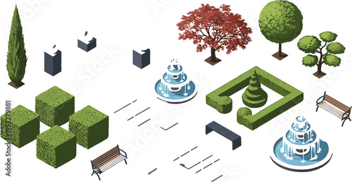 Isometric Park Design Set Featuring Fountains, Trees, Hedges, Benches, and Garden Elements