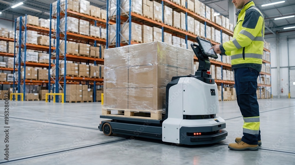 Naklejka premium Industrial,warehouse,worker,operating,autonomous,robotic,pallet,jack,with,digital,tablet,managing,automated,logistics,and,inventory,storage,in,modern,distribution,center,factory,optimization