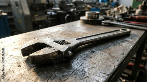 Rusty Adjustable Wrench on Worn Metal Workbench