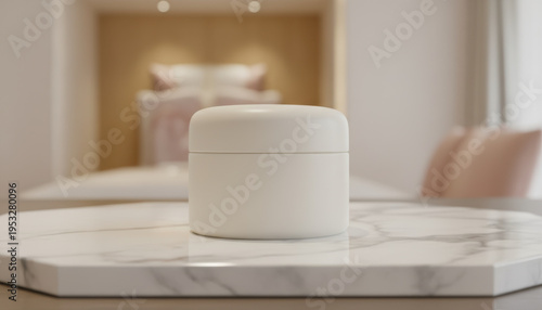 Minimal White Cylindrical Container on Marble Table in Softly Lit Bedroom