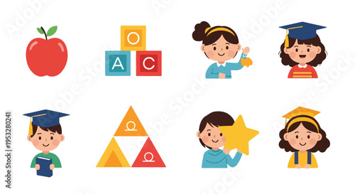 A collection of educational icons and illustrations featuring students, an apple, letter blocks, and symbols related to learning and graduation.