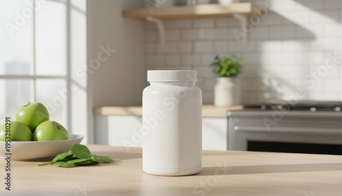 Clean White Bottle on Wooden Kitchen Counter in Bright Modern Kitchen