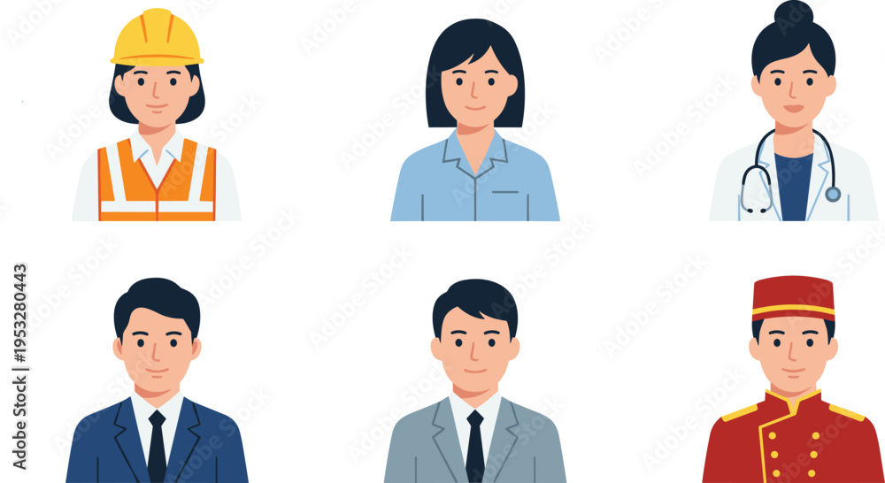 Fototapeta premium Vector illustration featuring a diverse group of professional avatars, showcasing various occupations and career paths in a modern, inclusive workforce environment