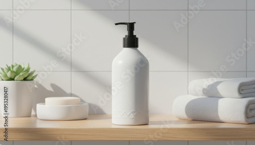 Minimal White Soap Dispenser on Wooden Shelf with Towels and Plant in Bright Bathroom