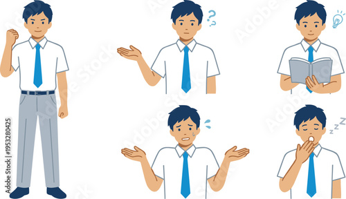 Set of diverse illustrations of a young boy in school uniform displaying various emotions and actions, perfect for educational and lifestyle content