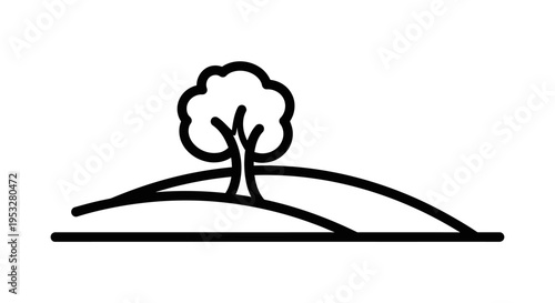 Simple line drawing of a single tree on rolling hills under a clear sky