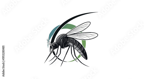 Mosquito silhouette with wing sweep and green and blue circular backdrop, symbolic of pest control and disease prevention