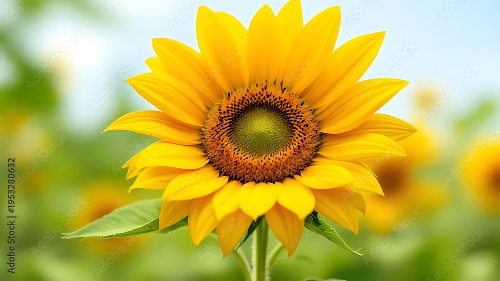Fototapeta premium Vibrant sunflower in a lush green field on a sunny day
