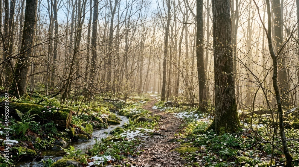 Obraz premium A serene forest path with sunlight filtering through the trees, leading to a small stream with snow on the ground.