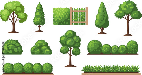 Tree and Shrub Icon Set Featuring Decorative Trees, Hedges, and Greenery for Landscaping Design