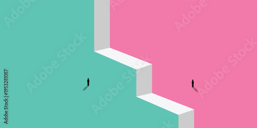 A minimalist abstract illustration showing two tiny figures separated by a zig-zag wall in contrasting teal and pink colors.