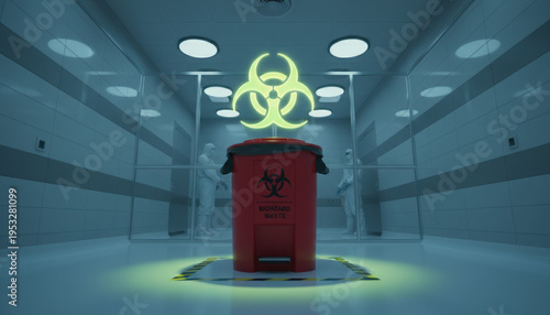 Biohazard Waste Bin in Neon Corridor