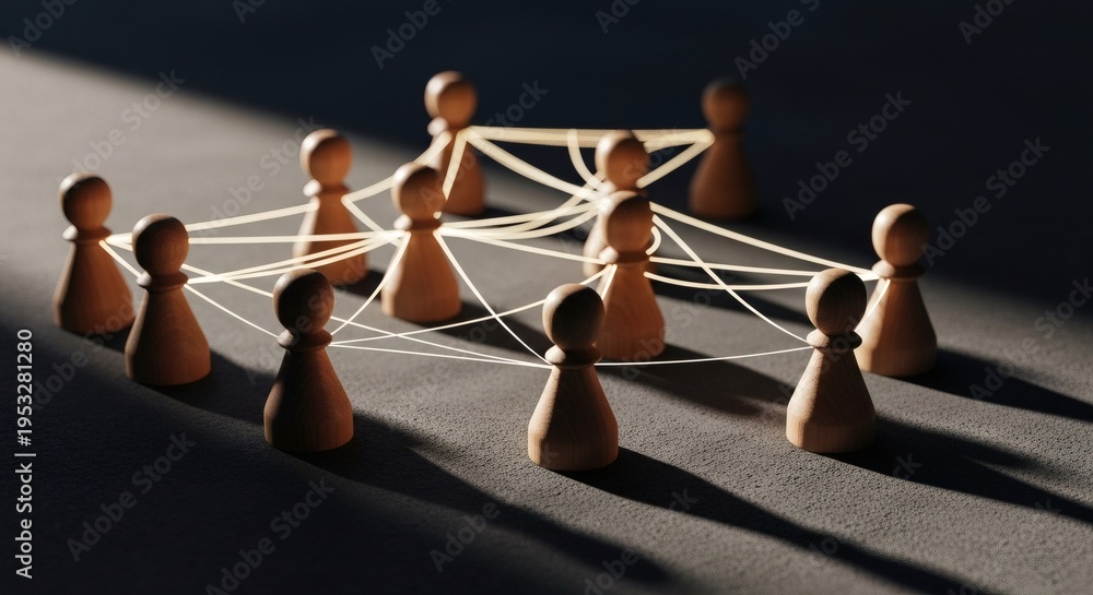 Obraz premium Wooden peg figures connected by white string representing a network