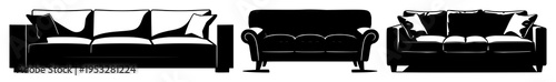 Sofa lounge silhouette set with angular profile illustration featuring modern chair, reclining sofa, upholstered cushion with minimalist line art and monochrome design