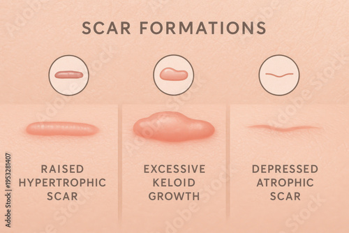 Dermatology awareness visual comparing scar formations on skin. Diagram showing raised hypertrophic scar, excessive keloid growth, and depressed atrophic scar for medical education